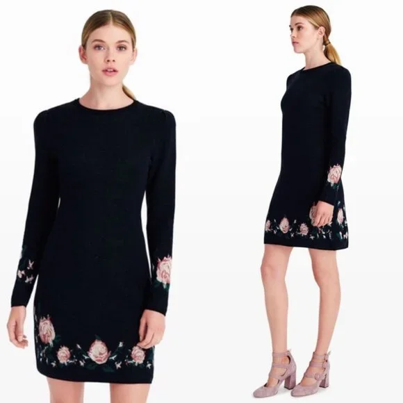 Club Monaco | Dresses | Club Monaco Wool Dark Gray Long Sleeve Sweater Dress  Floral Sz S | Poshmark